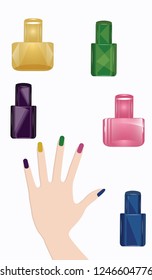 Set of original nail polish bottles - female hand - isolated on white background - vector