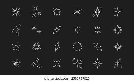 Set of original outline star sparkle shapes with a neon glow. Abstract shine effect vector icons in retro futuristic style. Bright collection of twinkling stars, flashes, and bursts for unique design