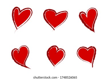 Conjunto de corazones rojos originales de grano dibujados a mano en un estilo grunge. Vector aislado sobre fondo blanco