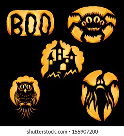 Set of original shapes for Jack O Lanterns, silhouettes of halloween symbols cut on pumpkin, detailed illustration, looks like a real cut, EPS 10, contains transparency.