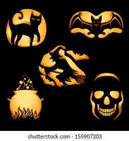 Set of original shapes for Jack O Lanterns, silhouettes of halloween symbols cut on pumpkin, detailed illustration, looks like a real cut, EPS 10, contains transparency.