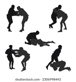 Set of original silhouettes of sambo athletes in sambo wrestling, combat sambo, duel, fight, jiu jitsu. Martial art, sportsmanship
