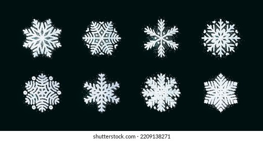 Set of original snowflake shapes isolated on black background. Ornament, decoration for merry christmass or happy new year party celebration. Frozen snow flakes, banner silhouette. Vector illustration