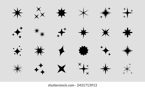 Set of original star sparkle shapes. Abstract shine effect vector sign. Retro futuristic bright vector icons collection. Glowing light effect, twinkle templates stars and bursts, shiny flash.