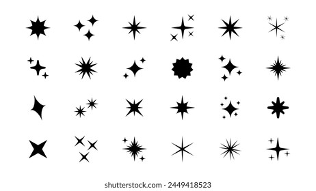 Set of original star sparkle shapes. Abstract shine effect vector sign. Retro futuristic bright vector icons collection. Glowing light effect, twinkle templates stars and bursts, shiny flash.