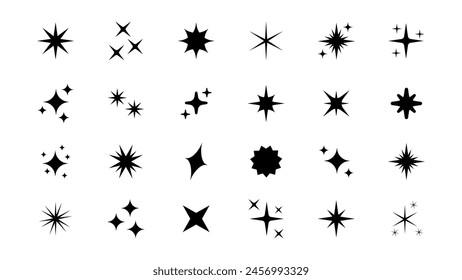 Set of original star sparkle shapes. Abstract shine effect vector sign. Retro futuristic bright vector icons collection. Glowing light effect, twinkle templates stars and bursts, shiny flash.