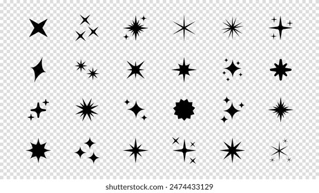 Set of original star sparkle shapes. Abstract shine effect vector sign. Retro futuristic bright vector icons collection. Glowing light effect, twinkle templates stars and bursts, shiny flash.