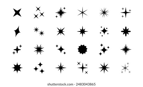 Conjunto de Formas originales de estrella. Abstractas efecto de brillo signo de Vector. Retro futurista brillante vector iconos de colección. Efecto de luz brillante, estrellas de Plantillas centelleantes y ráfagas, destello brillante.