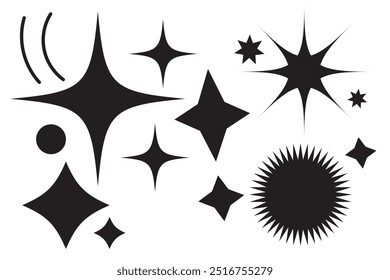 Set of original star sparkle shapes. Abstract shine effect vector sign. Retro futuristic bright vector icons collection. Glowing light effect, twinkle templates stars and bursts, shiny flash.