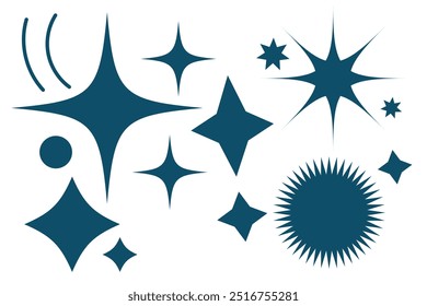 Conjunto de formas originais de brilho estelar. Sinal vetorial de efeito de brilho abstrato. Coleção de ícones de vetor brilhante futurista retrô. Efeito de luz brilhante, twinkle molda estrelas e estouros, flash brilhante.