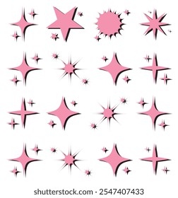 Set of original star sparkle shapes. Abstract shine effect vector sign. Retro futuristic bright vector icons collection. Glowing light effect, twinkle templates stars and bursts, shiny flash.
