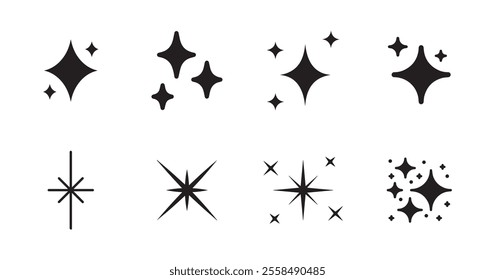 Set of original star sparkle shapes. Abstract shine effect vector sign. Retro futuristic bright vector icons collection. Glowing light effect, twinkle templates stars and bursts, shiny flash.