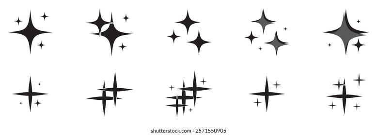 Set of original star sparkle shapes. Abstract shine effect vector sign. Retro futuristic bright vector icons collection. Glowing light effect, twinkle templates stars and bursts, shiny flash.