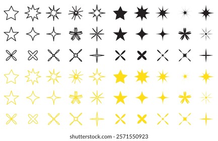 Set of original star sparkle shapes. Abstract shine effect vector sign. Retro futuristic bright vector icons collection. Glowing light effect, twinkle templates stars and bursts, shiny flash.