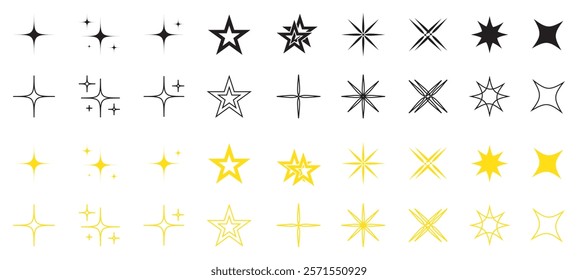 Set of original star sparkle shapes. Abstract shine effect vector sign. Retro futuristic bright vector icons collection. Glowing light effect, twinkle templates stars and bursts, shiny flash.