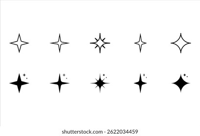 Conjunto de formas originais de brilho estelar. Sinal vetorial de efeito de brilho abstrato. Coleção de ícones de vetor brilhante futurista retrô. Efeito de luz brilhante, twinkle molda estrelas e estouros, flash brilhante.
