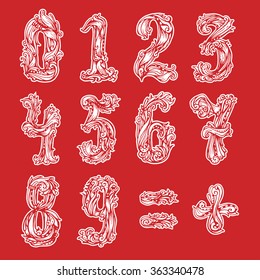 A set of original vintage numbers swirl style. Vector design  numeral hand drawn  illustration. White color on red background 