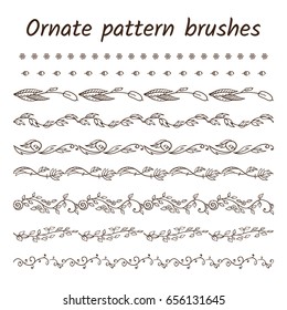 Set of ornament brush patterns, borders, ribbons or dividers. Wild flower, herb, weed, branch, leaf, reed, acorn. Vector brushes included. Black and white colors 