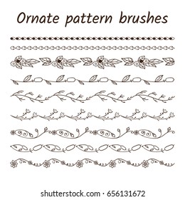 Set of ornament brush patterns, borders, ribbons or dividers. Wild flowers, herbs, weeds, branches, leaves, reeds. Vector brushes included. Black and white colors  