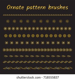 Set of ornament brush patterns, borders, ribbons or dividers. Abstract wild flowers, daisy, leaves, waves. Vector brushes included, premium gold design