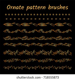 Set of ornament brush patterns, borders, ribbons or dividers. Wild flower, herb, weed, branch, leaf, reed, acorn. Vector brushes included, premium gold design