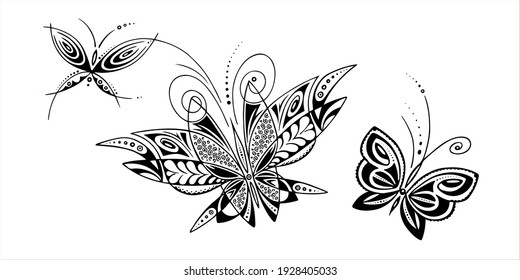 Set of ornament butterflies, black and white decorative graphic. Stylized vector illustration.