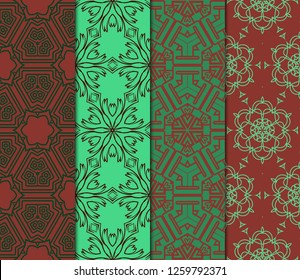 Set of Ornament With Geometric Colorful Pattern. For Print On Fabric, Papper, Design. Vector Illustration. Seamless.