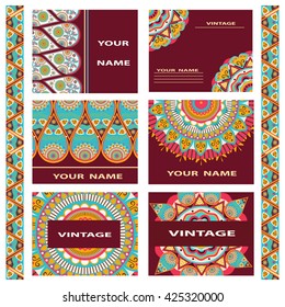 Set ornament of greeting cards, invitations with decorative flowers. Elements for design vintage style. Vector Illustration