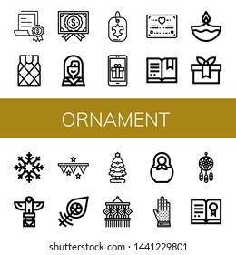 Set of ornament icons such as Certificate, Sweater, Native american, Fleur de lis, Gift, Wedding certificate, Diwali, Snowflake, Totem, Garlands, Dreamcatcher, Christmas tree , ornament