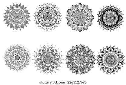 Set of ornament mandala art isolated on a white background, elements for yoga banner, meditation poster, henna, tattoo, modern day page design, art elements, floral pattern mandala art, vector art 