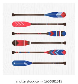 Set of ornament paddle or oar boat on wood wallpaper. Background for card, poster, home decor. Vector Illustration