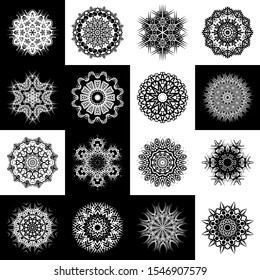 Set of Ornament round mandalas. Geometric circle white and black element made in vector. Perfect set for any other kind of design and other holiday, kaleidoscope, medallion, yoga, india, arabic