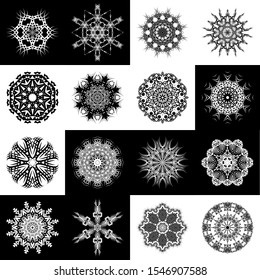 Set of Ornament round mandalas. Geometric circle white and black element made in vector. Perfect set for any other kind of design and other holiday, kaleidoscope, medallion, yoga, india, arabic