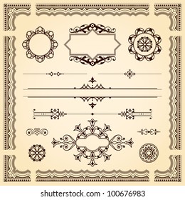 Set of ornamental artistic calligraphic design elements, patterns, swirls, border and dividers in silhouette form on aged vintage paper