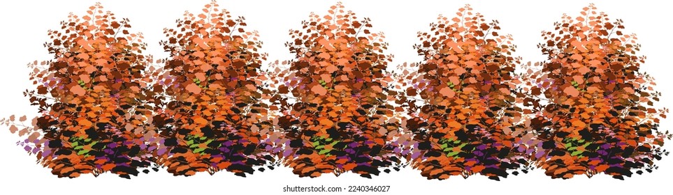 Set of ornamental autumn plants in the form of a hedge.Realistic garden shrub, seasonal bush, boxwood, tree crown bush foliage.For decorate of a park, a garden or a green fence.
