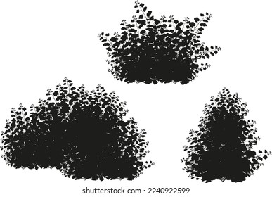 Set of ornamental black plants in the form of a hedge.Realistic garden shrub, seasonal bush, boxwood, tree crown bush foliage.For decorate of a park, a garden or a green fence.
