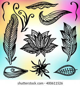 Set of Ornamental Bohemian Style Feathers and Lotus on the Mesh background. Vector illustration.