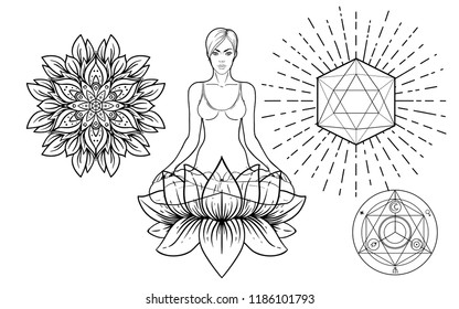 Set of Ornamental Boho Chic Style Elements. Vector Budda illustration. Tattoo template. Hand drawn tribal esoteric symbol collection. Hippie design elements. Coloring book for adults.
