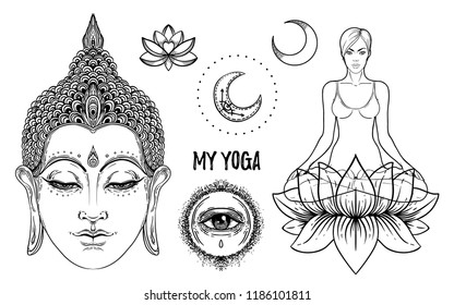 Set of Ornamental Boho Chic Style Elements. Vector Budda illustration. Tattoo template. Hand drawn tribal esoteric symbol collection. Hippie design elements. Coloring book for adults.