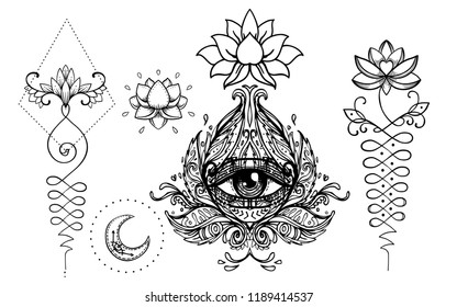 Set of Ornamental Boho Chic Style Elements. Vector Budda illustration. Tattoo template. Hand drawn tribal esoteric symbol collection. Hippie design elements. Coloring book for adults.