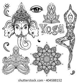 Set of Ornamental Boho Chic Style Elements. Vector illustration. Tattoo template. Trendy hand drawn tribal symbol collection. Hippie design elements. Coloring book for adults pages. Zentangle style.