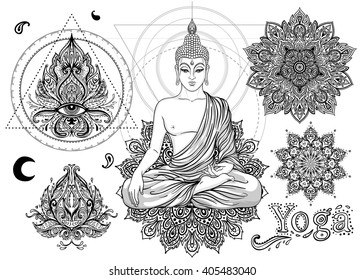 Set of Ornamental Boho Chic Style Elements. Vector Budda illustration. Tattoo template. Hand drawn tribal esoteric symbol collection. Hippie design elements. Coloring book for adults.