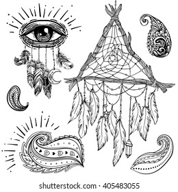 Set of Ornamental Boho Chic Style Elements. Vector illustration. Tattoo template. Hand drawn tribal symbol collection. Hippie design elements. Dreamcatcher. Coloring book for adults pages. Zentangle.