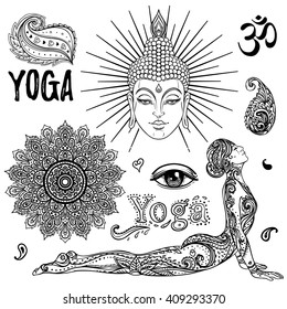 Set of Ornamental Boho Chic Style Elements. Vector illustration. Tattoo template. Trendy hand drawn tribal symbol collection. Hippie design elements. Coloring book for adults pages. Zentangle style.