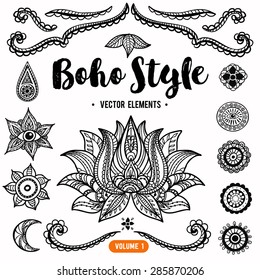 Set of Ornamental Boho Style Elements. Vector Drawing. Anti stress colouring elements