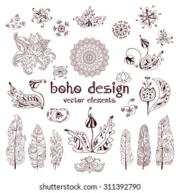 Set of ornamental boho style elements: feathers, mandalas, paisley, lotus, flowers, leaves. Henna tattoo doodle vector elements. Hand drawn mehndi design symbols. Orient traditional background.