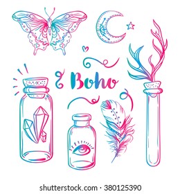 Set of Ornamental Boho Style Elements. Vector illustration. Tattoo template. Trendy hand drawn tribal symbol collection. Hippie design elements. 