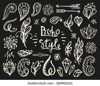 Set of Ornamental Boho Style Elements.Fashion chalked hippie symbols for your design.