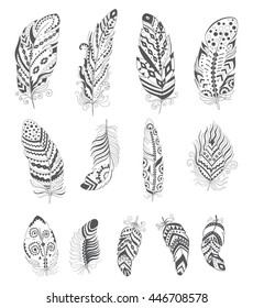 Set of Ornamental Boho Style Feather. Hippie Design Elements. Vector Ethnic Decoration for Tattoo, T-shirt, Fabric. Trendy Tribal Symbol Collection.