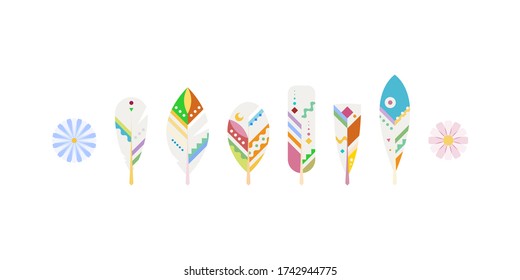 Set of ornamental boho style feathers. Vector illustration, tattoo and symbol template. Trendy modern tribal collection. Hipster and hippie design elements